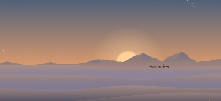 The Christmas world at sunrise: reindeer on a snowy plain below the mountains.