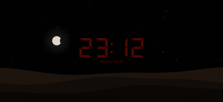 Der Nachtbildschirm: schwarzer Himmel mit Sternen, dem Mond und einer schwachen roten Uhr in Retro-LED-Ziffern über den Dünen.
