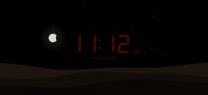 The night screen: a black sky with stars, the moon and a faint red clock in retro LED digits above the dunes.