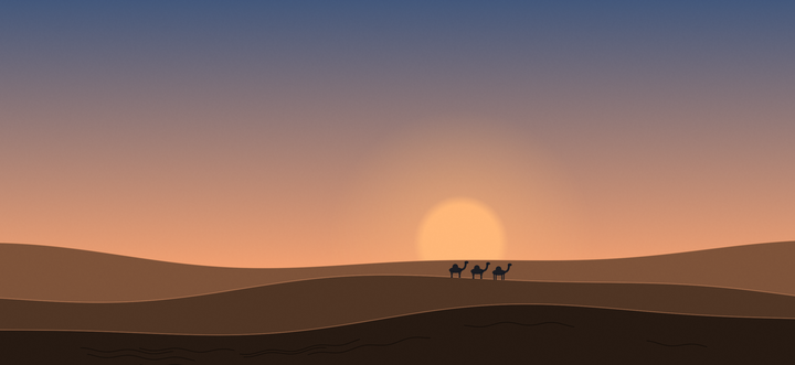 Sunset in the Dunes world: the sun sinks behind the sand while a camel caravan crosses the ridge.