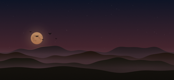 The Halloween world in the evening: bats flying past an orange moon above dark hills.