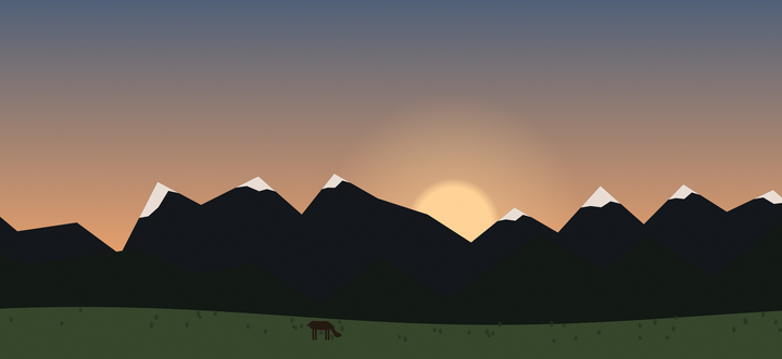 The Mountains world at sunrise: dark ridges, snowy peaks and a deer grazing in the meadow.