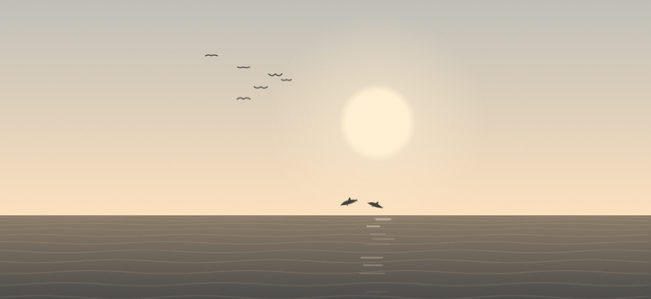 The Sea world in the morning: birds in a pale sky and two dolphins leaping near the horizon.