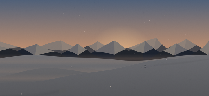 The Snowy Hill world at sunrise: a lone skier on a wide snowy slope below pale peaks.