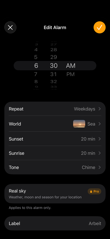 Editing an alarm in Sunwake: the time wheel, then one row each for repeat, world, sunset, sunrise and tone, then real sky and label.