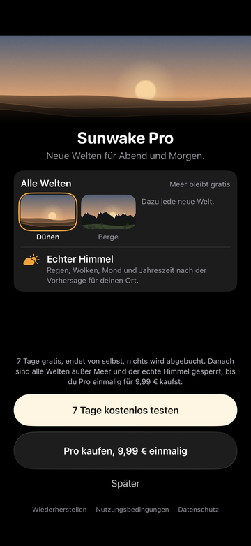 Die Seite Sunwake Pro in der App: alle Welten, der echte Himmel, der Knopf 7 Tage kostenlos testen und der Einmalkauf.