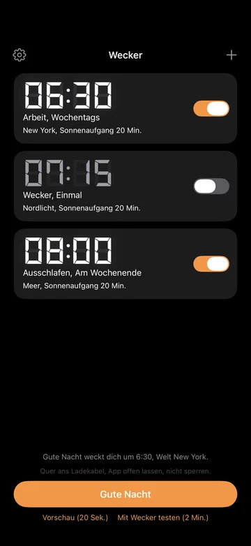 Die Weckerliste von Sunwake mit drei Weckern und dem Knopf Gute Nacht.