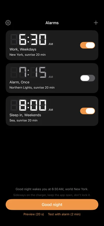 The Sunwake alarm list with three alarms and the Good night button.