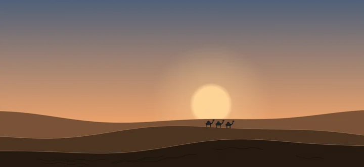 Sunrise in the Dunes world with a camel caravan on the crest.