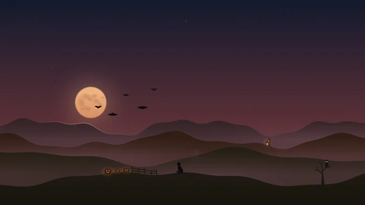 The Halloween world: a big orange moon over misty hills, bats, jack-o'-lanterns, a black cat and an owl in a tree.