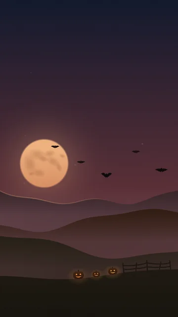 The Halloween world in portrait: an orange moon with bats, jack-o'-lanterns by a fence below.