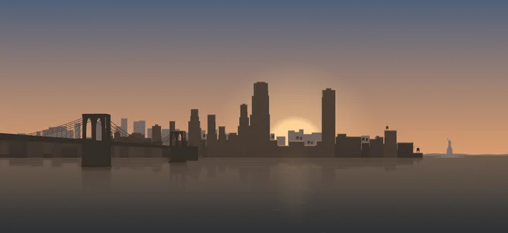 Sunrise in the New York world: skyline and bridge across the river.