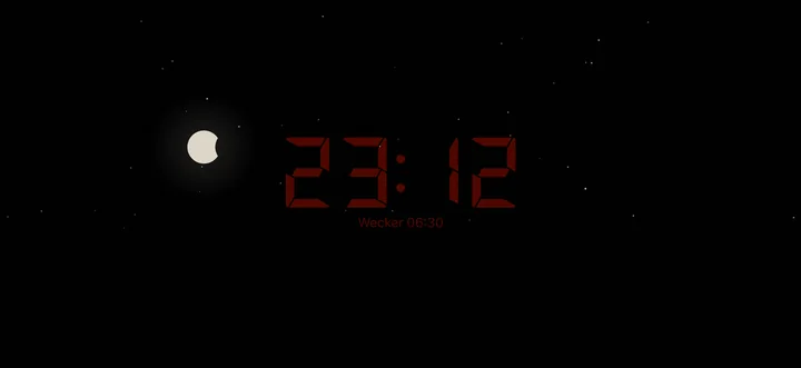Der Nachtbildschirm: schwarzer Himmel mit Sternen, dem Mond und der roten Uhr 23:12, darunter Wecker 06:30.