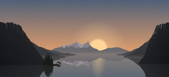 Sunrise in the Northern Lights world: a fjord between steep rock walls.