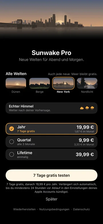 Die Kaufseite von Sunwake Pro mit Jahresabo, Quartalsabo und Lifetime samt Preisen.