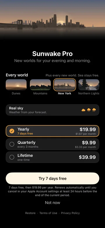 The Sunwake Pro purchase page with yearly, quarterly and Lifetime options and prices.