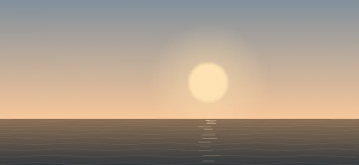 Sunrise in the Sea world: the sun above the horizon, its light on the water.