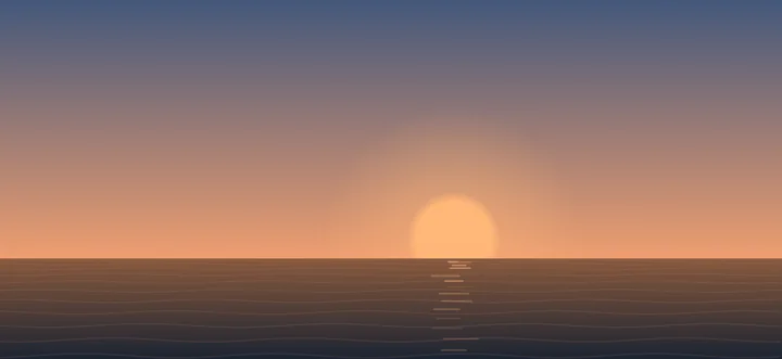 Sunset in the Sea world: the sun sinks towards the horizon, the sky glows orange.