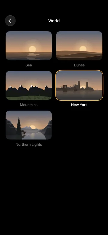 The world picker with Sea, Dunes, Mountains, New York and Northern Lights.